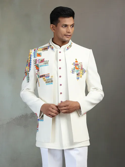 Off white terry rayon Indowestern set with multicolor bead detailing