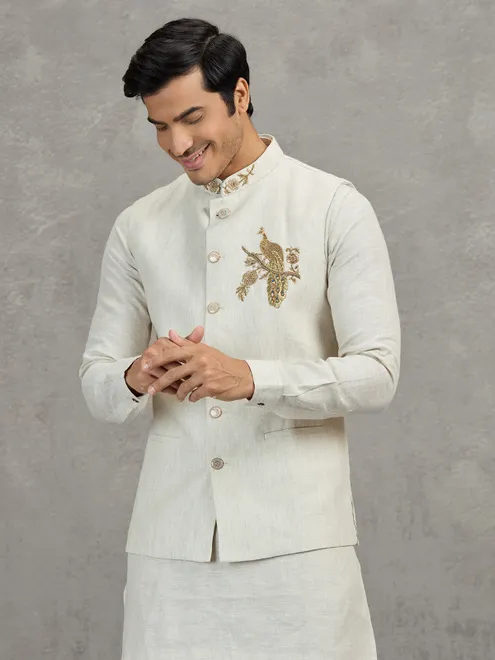 Off white textured linen waistcoat set for men