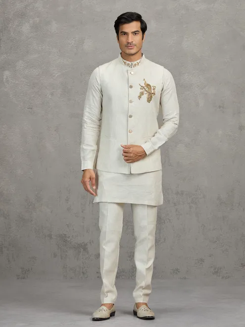 Off white textured linen waistcoat set for men