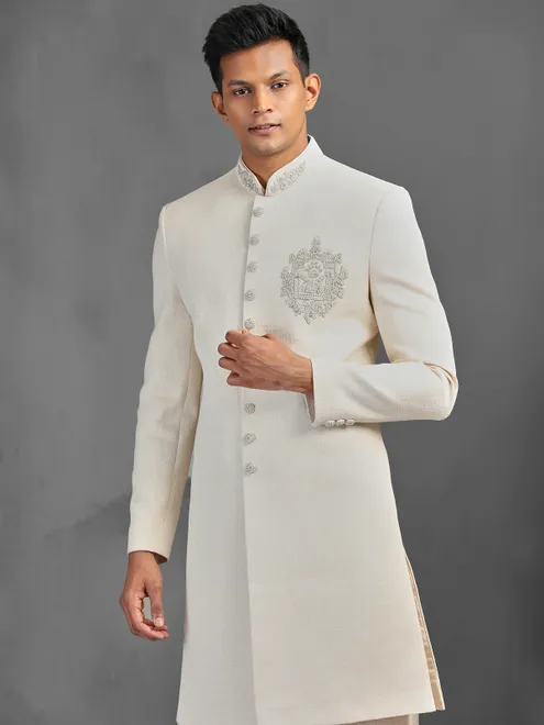Off white textured silk indowestern suit for wedding