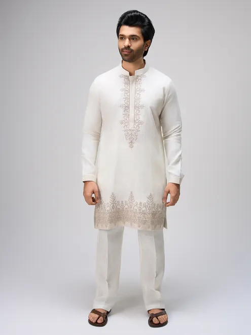 Off white textured linen kurta pajama