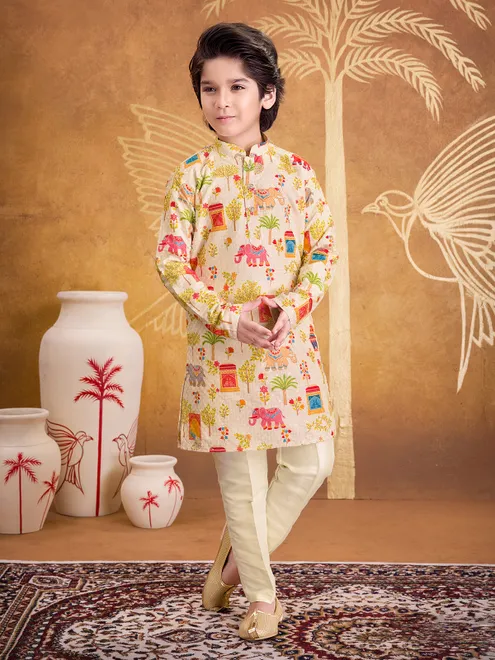 Off white thread worked cotton kurta suit