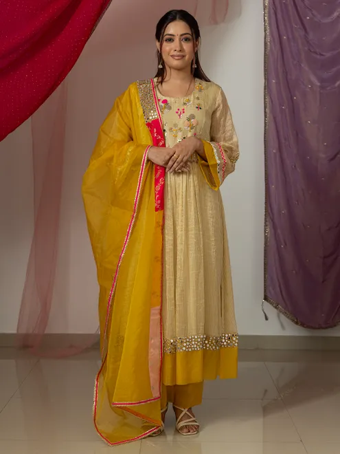 Off white tissue silk anarkali suit with dupatta
