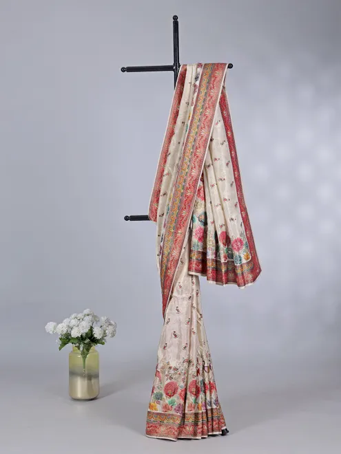 Off white tissue silk saree with floral accents