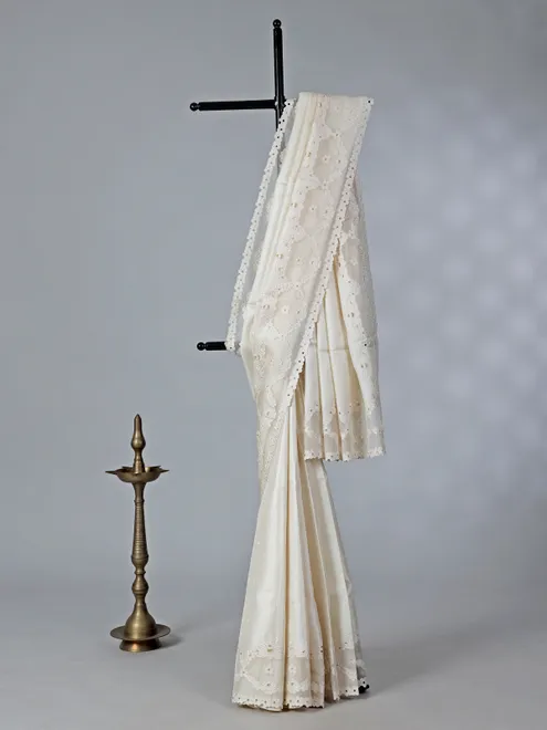 Off white tusser silk saree with cut work
