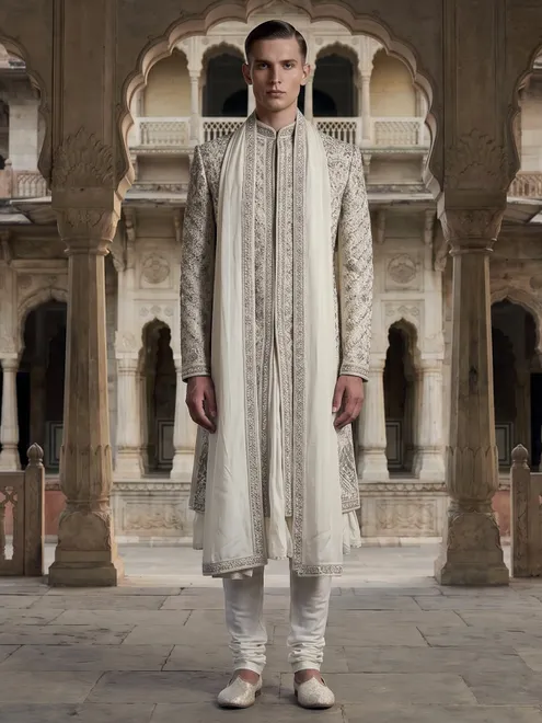 Off white wedding sherwani with zardosi work and dupatta