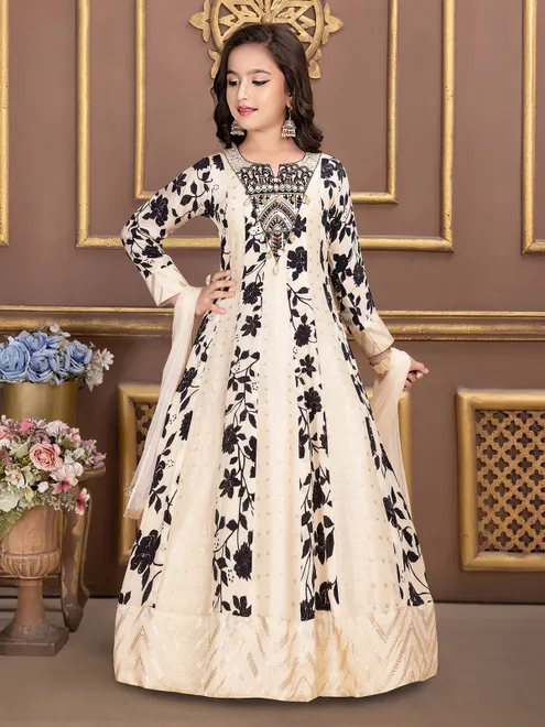 Off white wedding wear printed silk elegant gown