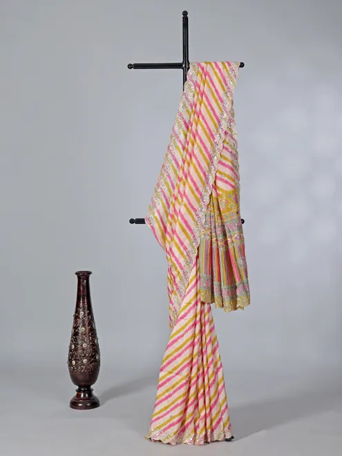 Olive and pink crepe silk printed saree