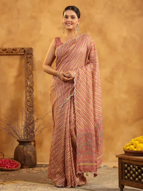 Olive and pink printed silk festive saree