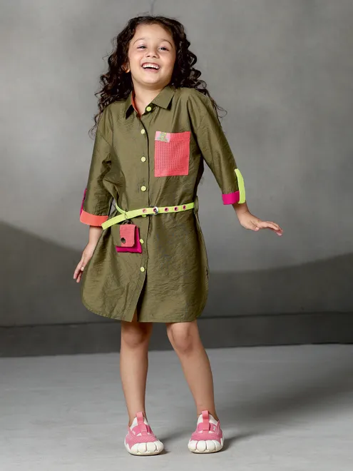 Olive cotton silk mini dress with belt elegance