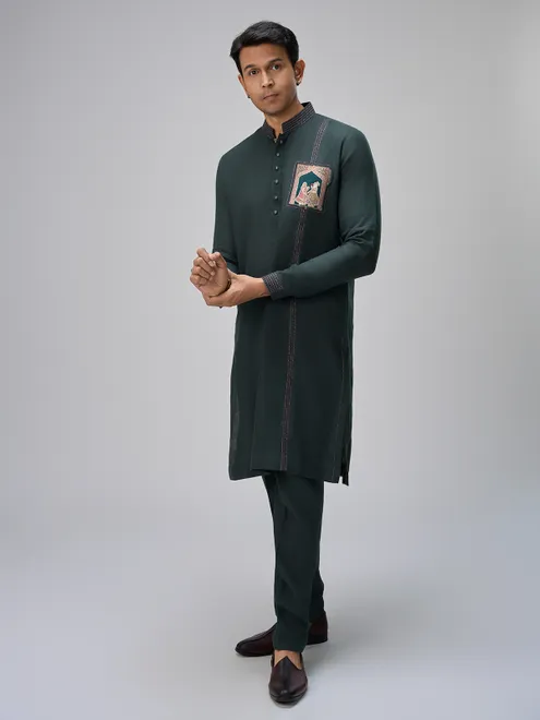 Dark green crafted linen kurta pajama