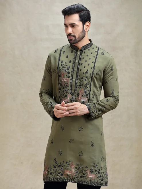 Olive embroideried kurta pajama set for festive look