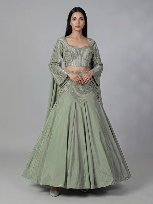 Olive green designer lehenga choli in crepe silk
