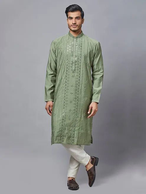 Olive green festive wear kurta set in silk