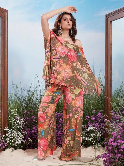 Olive green floral bird print silk palazzo suit