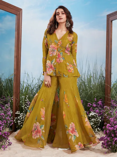 Olive green floral crushed tissue silk sharara suit