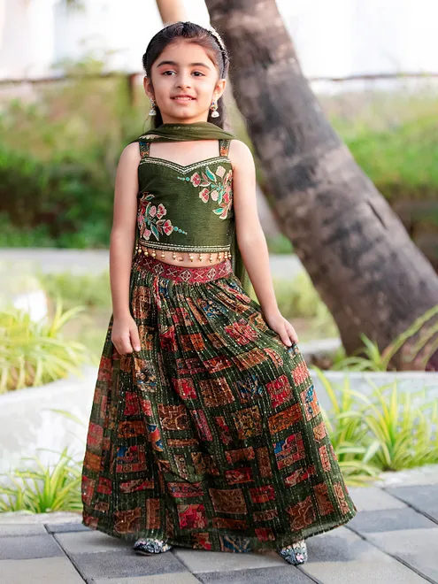Olive green printed georgette lehenga choli