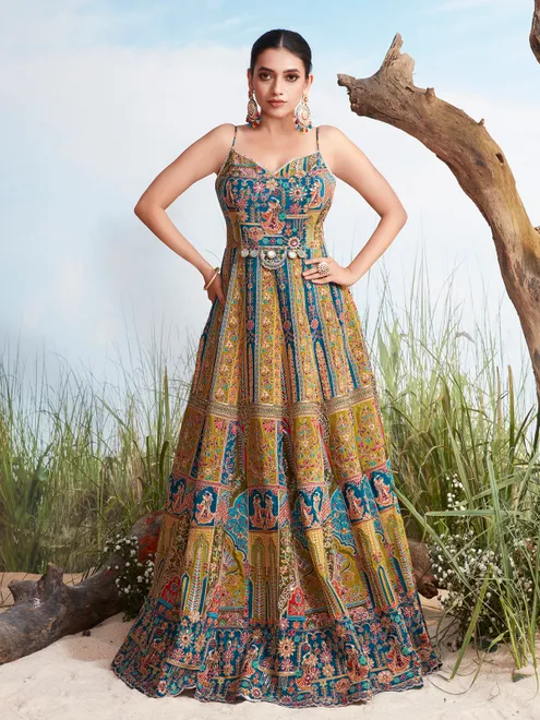 Olive green silk embroidered floor length wedding suit