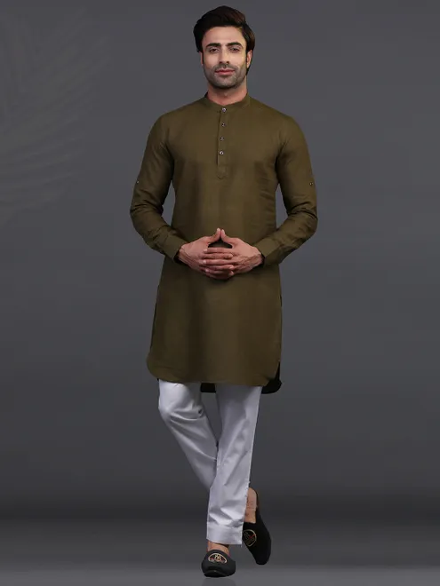 Olive linen kurta pajama for festive