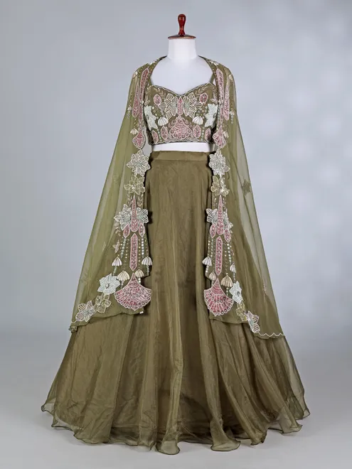 Olive organza silk embellished bridal lehenga choli