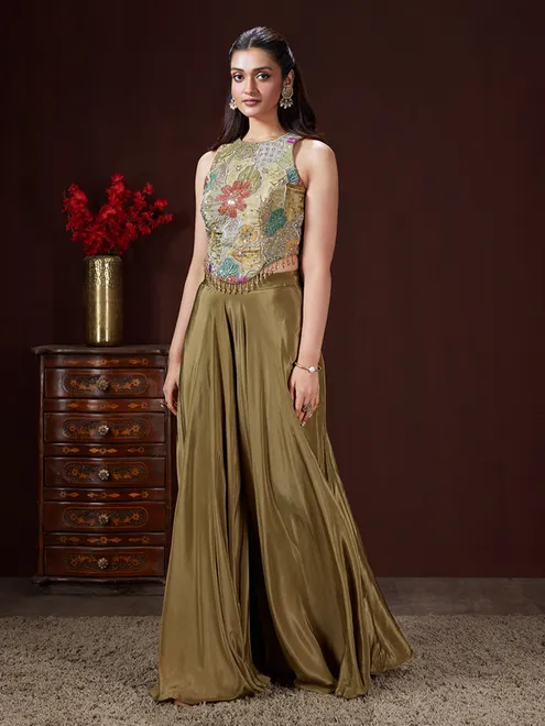 Olive printed crepe silk palazzo suit for festival