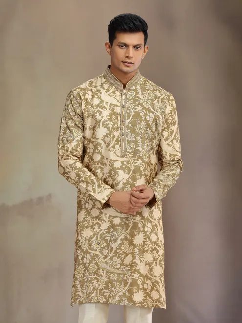 Olive printed silk kurta suit with resham and sequins