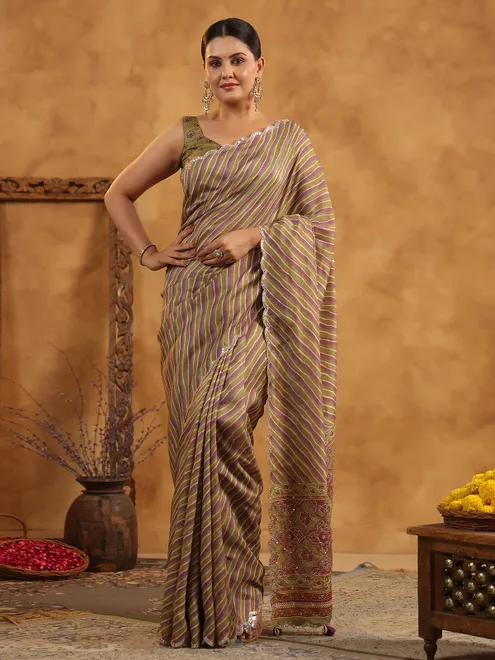 Olive printed silk saree for festive occasions