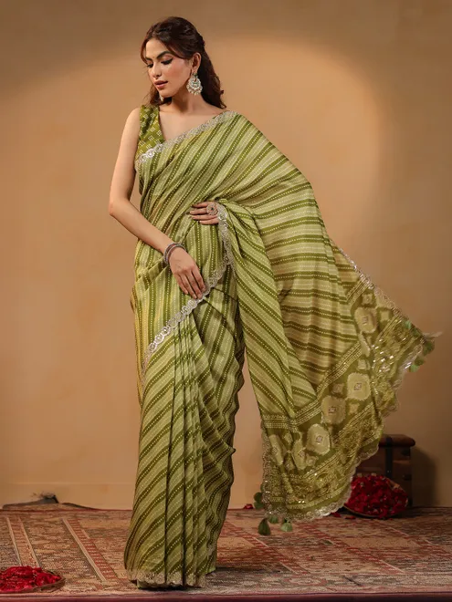 Olive printed silk saree with gota embellishment