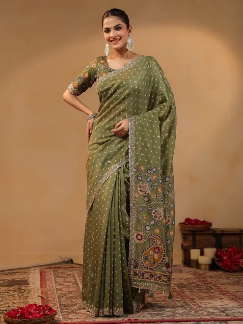 Olive printed silk saree with resham touches