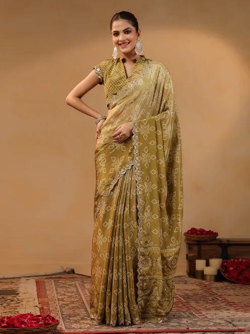 Olive printed silk saree with sequins and aabla shimmer