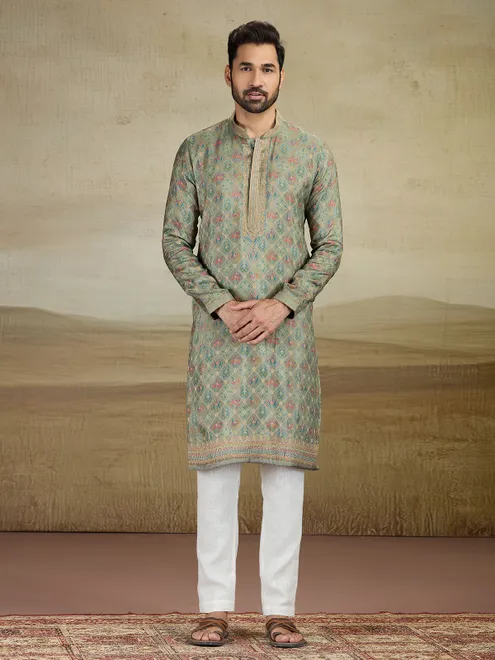 Olive printed viscose silk kurta suit for men