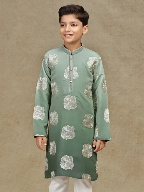 Olive resham worked silk boys kurta suit