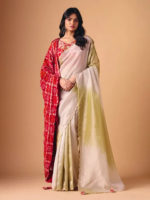 Olive shaded tissue silk saree with dupatta