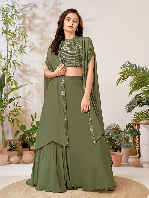 Olive silk embroidered jacket palazzo suit