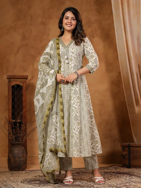 Olive silk festive kurti set with beads and aabla