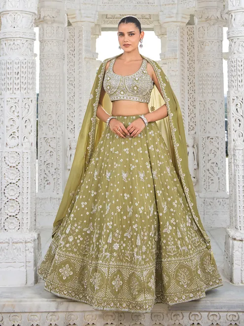 Olive silk mehendi wear lehenga choli set