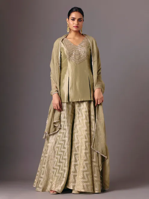 Olive silk mirror embellished quarter sleeve palazzo suit