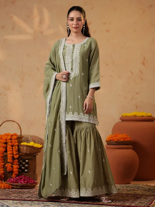 Olive silk pakistani sharara set with gota detailing