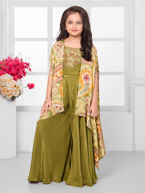 Olive silk printed shrug palazzo suit