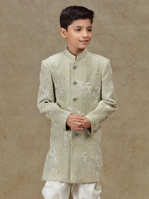 Olive silk reception wear indowestern for boys