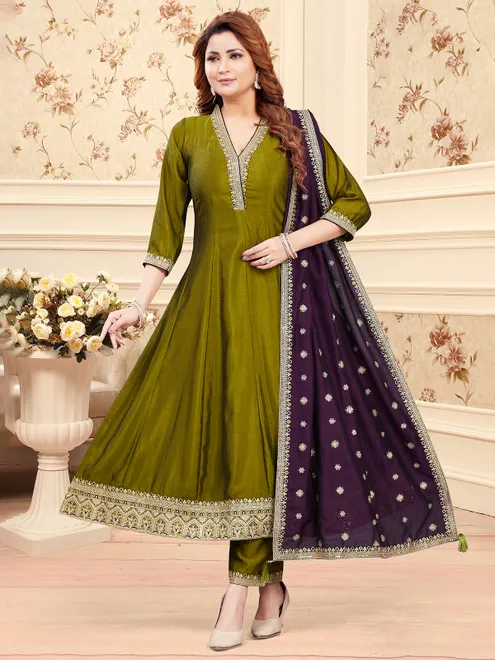 Olive silk salwar suit  with bold purple dupatta