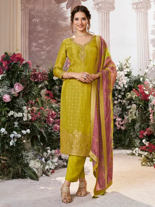 Olive silk salwar suit with printed dupatta