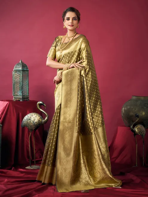 Olive silk saree with zari shine