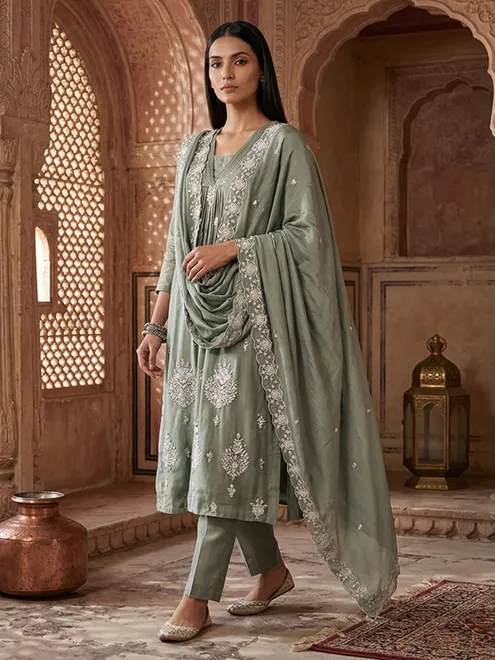 Olive silk thread embellished festive salwar suit