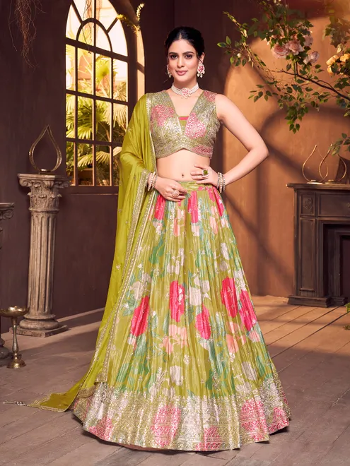 Olive silk V neck printed festive lehenga choli