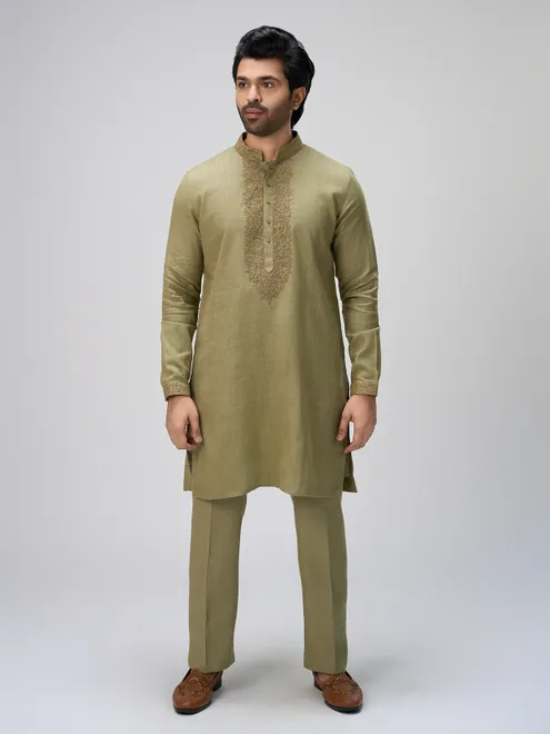 Olive thread artistry linen kurta pajama