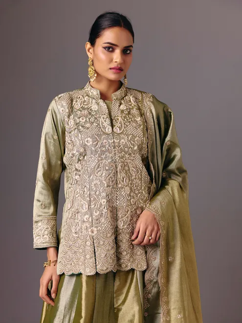 Olive tissue shimmer full sleeve embroidered lehenga suit