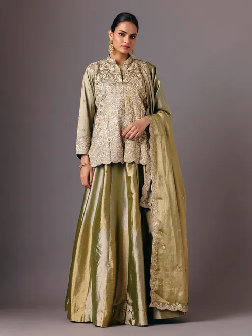 Olive tissue shimmer full sleeve embroidered lehenga suit
