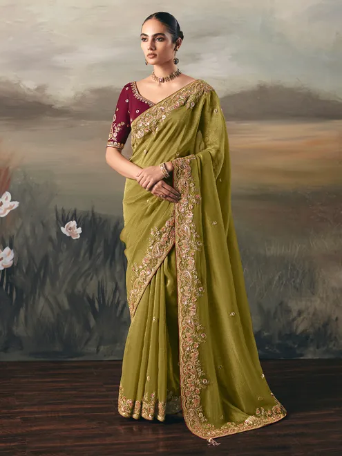 Olive tissue silk designer wedding saree