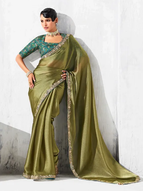 Olive tissue silk saree for wedding wear